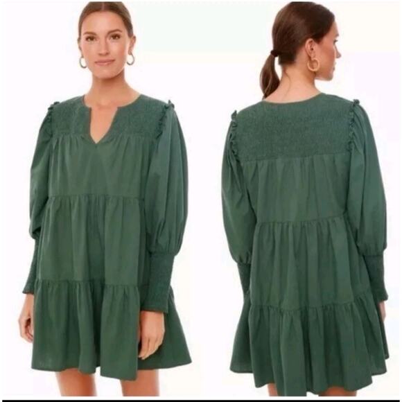 Tuckernuck Pomander Place Ceci Smocked Tiered Dress Medium Jaguar Green L/S - Picture 9 of 9
